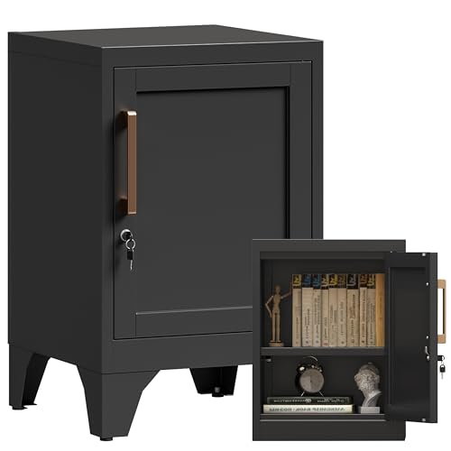 Image of 23.6 inchH Black Metal Locker Nightstand with 1 Lockable Door and 1 Adjustable Shelf, Small Storage Cabinet with Detachable Legs and Vintage Handle for Home Office,Living Room or Bedroom,Easy Assembly