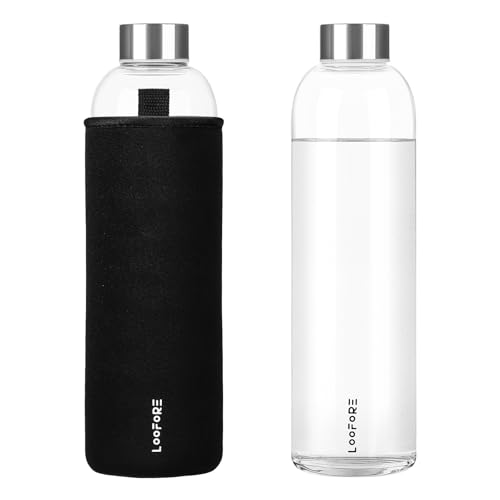 LOOFORE Bouteille en Verre 1 litre 1000ml, Sans BPA, anti-fuite, Gourde Reutilisable en...