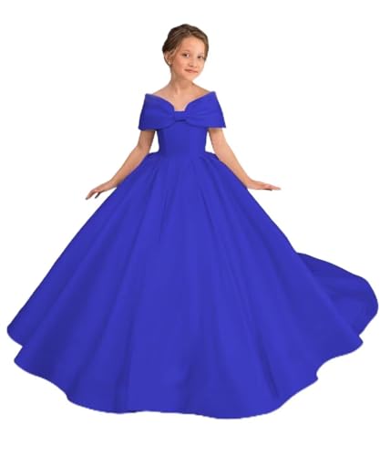 Off Shoulder Flower Girl Satin Dresses for Wedding Princess First Communion Pageant Dresses with Bow-Knot