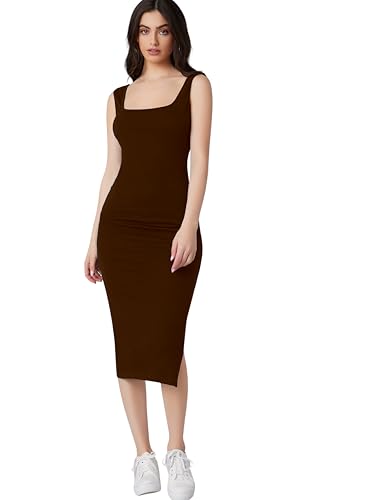Image of Aahwan Royal Solid Bodycon Square Neck Midi Side Split Thigh Dress for Women's & Girl's