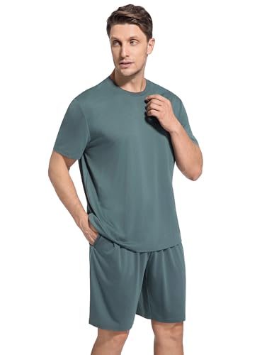 SlumberMee Mens Pajama Set Soft Cooling Viscose Summer Pjs Short Sleeve Sleepwear 2 Piece Crew Neck Loungewear with Pockets3