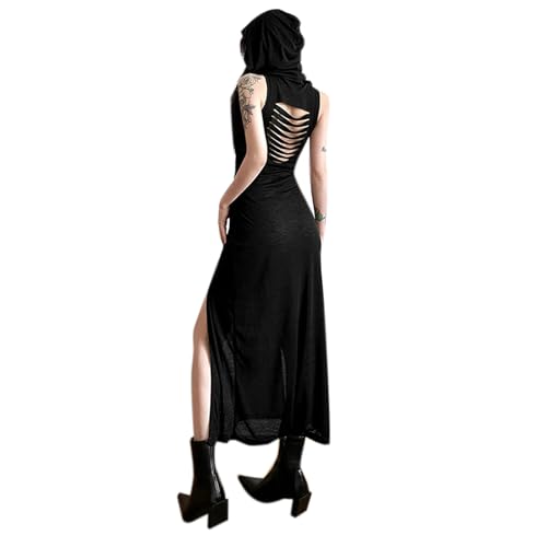 Women's Gothic Sleeveless Hooded Dress Y2K Side Split Hollow Out Midi Dress Bodycon Cocktail Party Club Dresses2