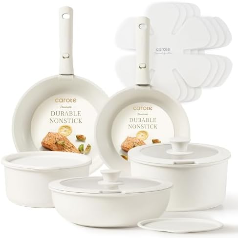 CAROTE Pots and Pans Set Non Stick, 15pcs Cookware Sets, Dishwasher/Oven/Fridge Safe, Kitchen Set, Space Saving Pots Set, Nonstick Set with Versatile Detachable Handle, Induction RV Set, Cream