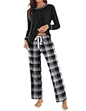 Picture of Ekouaer Womens Pajama Set 2 Piece Long Sleeve PJs with Plaid Pants Drawstring Elastic Waist Sleepwear Lounge Set Black Plaid XXL