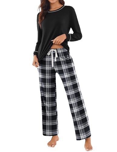 Ekouaer Womens Pajama Set 2 Piece Long Sleeve PJs with Plaid Pants Drawstring Elastic Waist Sleepwear Lounge Set Black Plaid M
