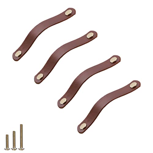 ESreake 4 Pack Soft Genuine Leather Drawer Pulls Handle Wardrobe Cabinets Kitchen Closet Knobs Door Pulls Handles knobs with Screws Home Decoration Handmade (4 Pack 5.6 - Brown)
