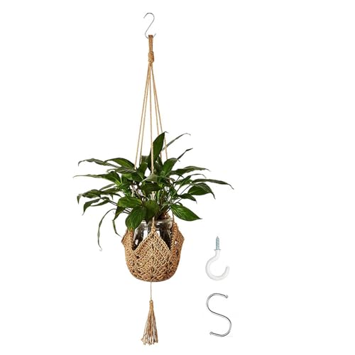 GIEEU – Perchas para plantas de macramé con cuerda de yute, cestas colgantes para macetas, soporte para macetas con 2 ganchos colgantes, para decoración de interiores, balcones, jardín en casa