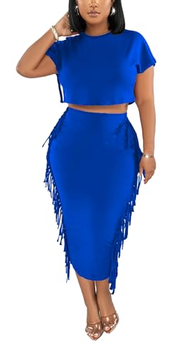Image of YUEWOO 2 Piece Outfits for Women Sexy Crop Top Ruched Bodycon Maxi Dresses Fringe Skirt Sets Night Club Jumpsuits