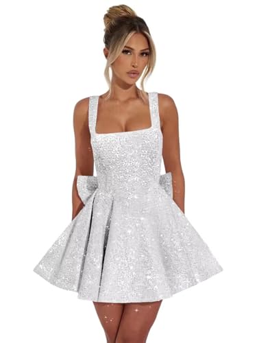 DVBTRGN Silver Sequin Homecoming Dresses 2026 with Bow Short Sparkly HOCO Prom Dress for Teens...