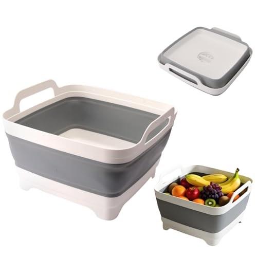 Image of Foldable Dish Basin with Drain Plug, 9L 2.4 Gallon Compact Portable Wash Tub Dishpan Space-Saving Sink Tray for Kitchen Storage Grey