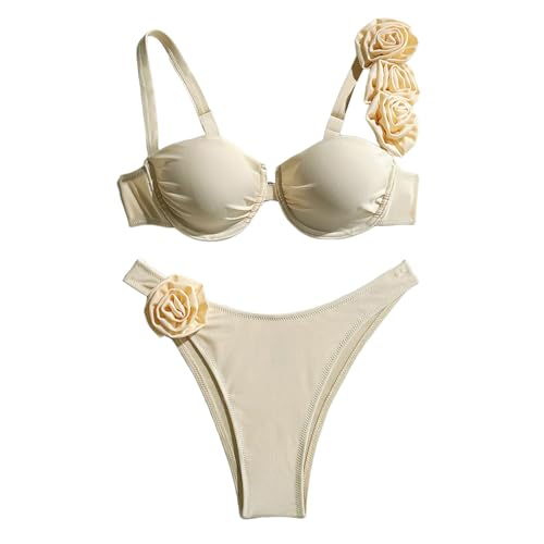 Conjunto de bikini para mujer, conjunto de bikini deportivo de dos piezas, bloques de color, trajes de baño de corte alto, trajes de baño de 3 piezas para mujer, beige, L
