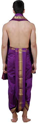 Dhoti and Angavastram Set with Wide Golden Border (Ready to Wear) - Art Silk4