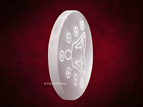 Image of Certified Selenite Crystal Charging Plate, 4 Inch Engraved Chakra Buddha Selenite Plate for Crystal Cleansing Re-Energy Work, Meditation and Pooja (4 Inch, Chakra Buddha)