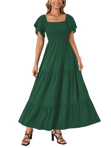Image of LYANER Women's Square Neck Midi Dress | Summer Ruffle Short Sleeve Smocked Tiered Ruched Flowy A Line Party Casual Dresses