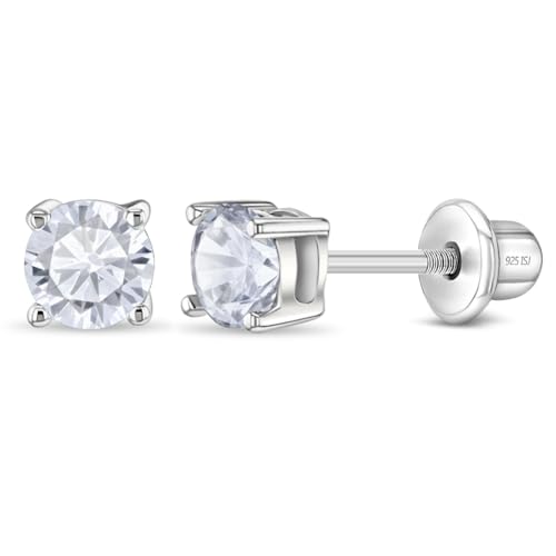 925 Sterling Silver Cubic Zirconia Round Screw Back Earrings for Toddlers & Little Girls 4mm - Timeless and Classic Stud Earrings Great for Everyday Wear - Hypoallergenic Safe for Young Girls