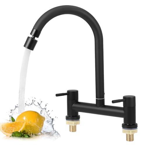2 Hole Bridge Mixer Taps, Kitchen Sink Mixer Tap with 2 Function Aerator, Hot and Cold Dual Lever Kitchen Taps, 180mm Centers Deck Mounted Faucet, 1/4 Turn, 360° Swivel Spout, Chrome(Black)