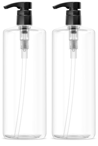 Bar5F Empty Shampoo Bottles with Pumps (2-Pack 32oz/1Liter/Large) BPA-Free PETE1 Plastic Bottle Crystal-Clear