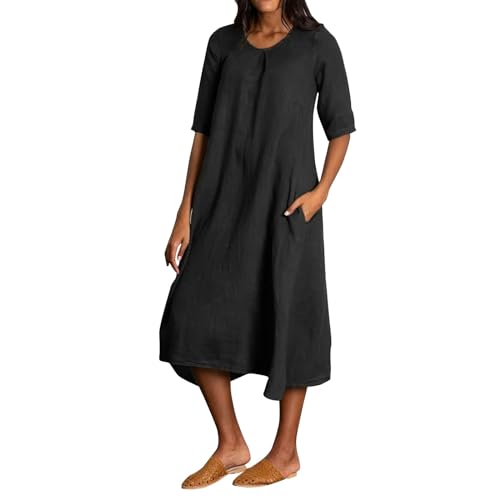 retourenkauf-7-99-günstiger Kleider Damen Sommer leinenkleid Einfarbig Baumwolle Leinen V-Ausschnitt Halben Ärmel Bluse Kleid midikleid(Schwarz, L)