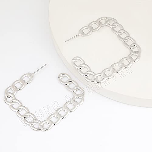Image of Young & Forever Gift Stainless Steel Curb Chain Hoop Earrings for Women Big Hoop Dangle Earring for Women Square Earrings Thin Geometric Hoop Earrings