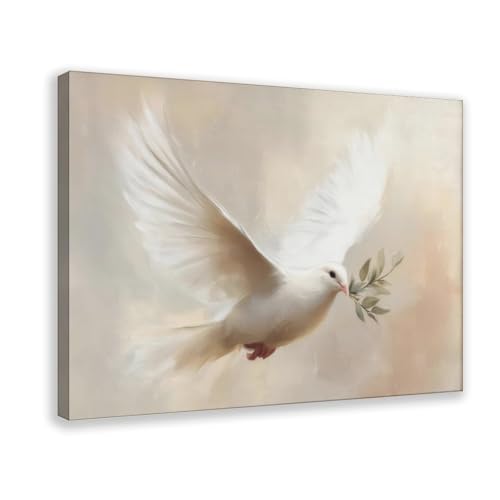 Peace Dove Wall Art Canvas Print - Easter Religious Oil Painting Style - White Bird with Olive Branch Framed Artwork for Living Room, Church, Home Decor[36x24 Inches]