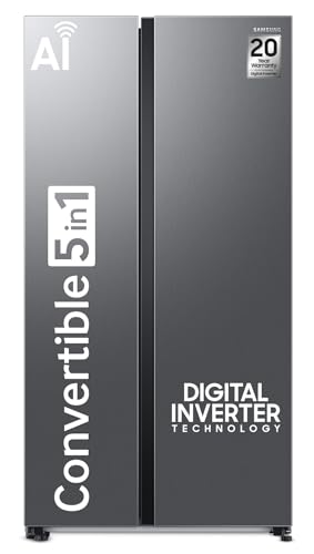 Samsung 653 L, 3 Star, Frost Free, Convertible 5-in-1 Digital Inverter, Side By Side AI Enabled Smart Refrigerator with WiFi (RS76CG8003S9HL, Silver, Refined Inox, 2024 Model)