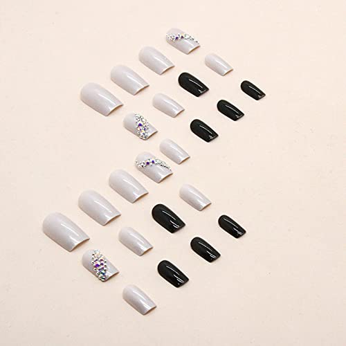 Gors White Press On Nails Medium Fake Nails Stacked Diamond Square Summer Black Glue On Nails,Full Cover Stick On Nails False Nails,Acrylic Nails Artificial Nails For Women 24Pcs/Set #TOP2
