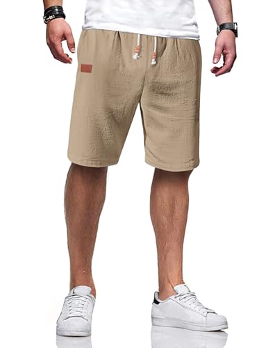 TARAINYA Pantalones Cortos Hombre Algodón Lino Cordón Verano Casual Shorts con Bolsillo Caqui Oscuro M