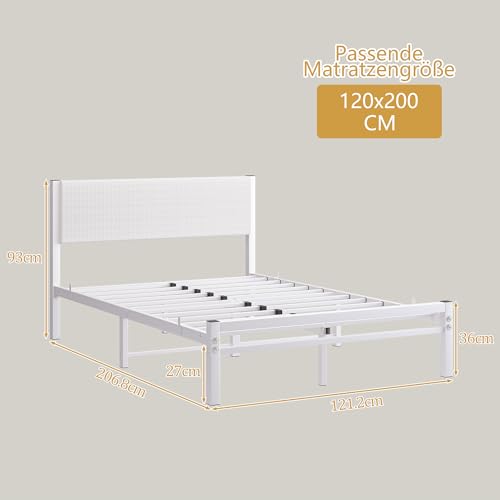 Bett 120x200 mit Lattenrost,Bettgestell Metallbett 120x200 cm mit Kopfteil,Bettrahmen aus Metall-27cm Hoch,Doppelbett Gästebett Jugendbett KeinBoxspringbett mit Stauraum,Weiß – Bild 3