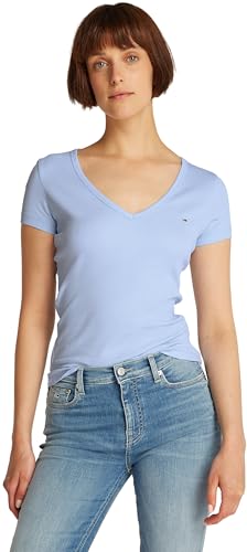 Tommy Jeans Tjw Slim Essential Rib V SS Dw0Dw17385, Top in Maglia a Maniche Corte, Donna, Blu (Sweet Blue), XXS