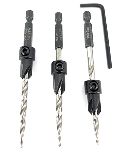 Image of FTG USA #10 (3 /16 inch) Wood Countersink Drill Bit 3-Pc Set with Hex Key | Convenient 3-pack of identical tapered bits for woodworking. Includes 1 Allen wrench hex key for easy adjustments