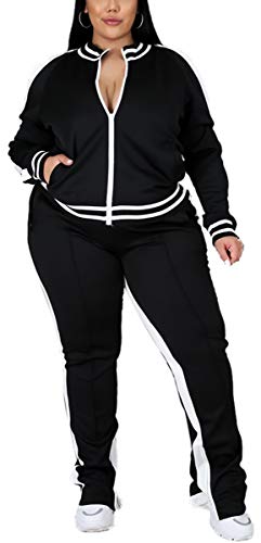 Women's Plus Size Tracksuit Jogging Suits 2 Piece Sweatsuit Sets Stripe Cold Shoulder Zipper Coat + Slit Long Sweatpants