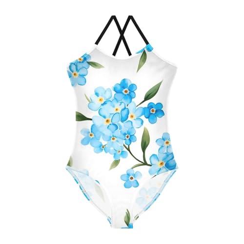 Girls One Piece Swimsuits Blue Forget-me-not Flowers Pattern Sport Halter Swimwear Beach Bathing Suit, 3T