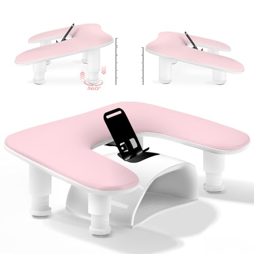 Nail Tech Arm Hand Rest for Manicurist Adjustable Nail Hand Rest with Phone Holder PU Leather-Pink