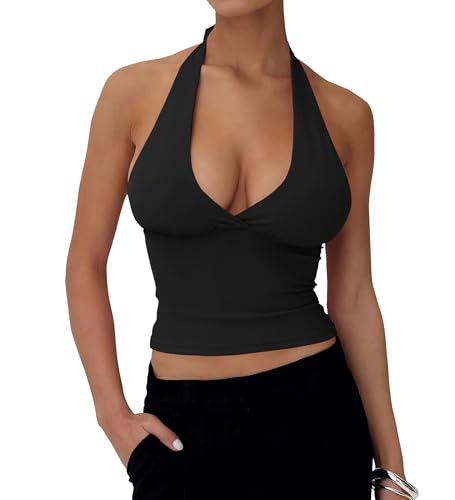 Women's Deep V Neck Halter Tie Back Tank Top Sleeveless Slim Fitted Summer Crop Top