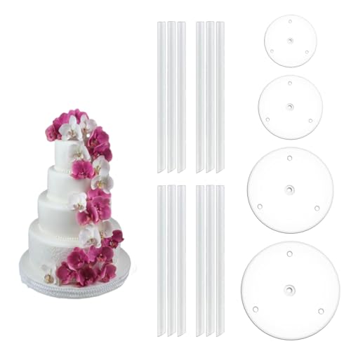 Soporte para Tartas de 4 Pisos,Tableros de Pastel, Base de Pastel, para Tartas Reutilizable,4 Base Soporte Tartas (9/12/16/20cm),12 Pasadores de Plástico Tartas,Para cumpleaños,Fiestas