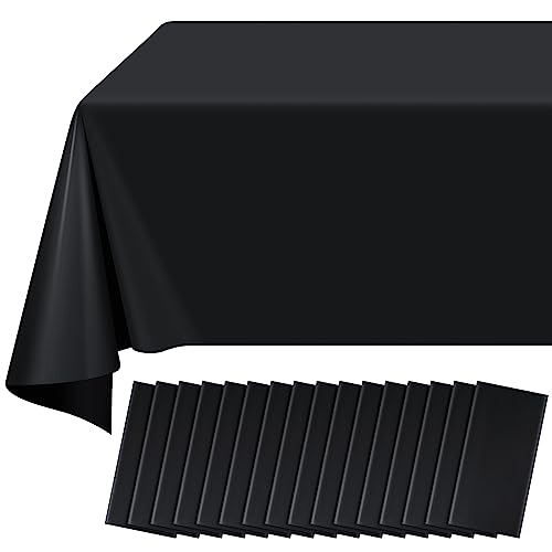 Image of 16 Pack Black Plastic Tablecloth for Rectangle Tables, Premium Decorative Black Disposable Table Cloths for Parties, Bulk Rectangle Party Table Cover for Birthday, Wedding, Anniversary, 54 x 108 Inch