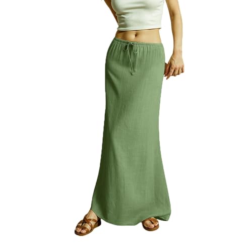 Womens Linen Maxi Skirts Drawstring Waist A Line Skirts Flowy Vacation Boho Long Skirts Beach Long Skirts