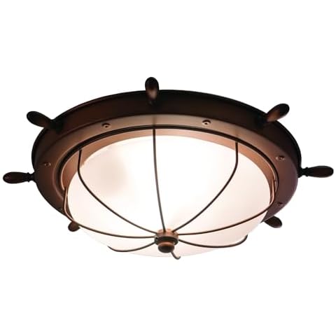 Maykoosh Mediterranean Magic Copper Coastal Ship Wheel Outdoor Flush Mount Installation Ceiling Light Fixture White Glass - 15" L x 15" W x 5" H Cover
