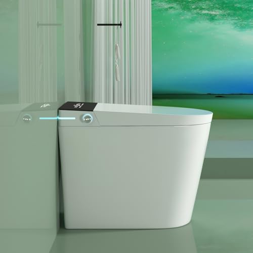 Inodoro inteligente compacto con asiento bidé integrado, diseño moderno sin tanque, apertura y descarga automáticas, asiento calefactado, secador de aire caliente instantáneo para baños pequeños, blanco con panel negro miniatura 6