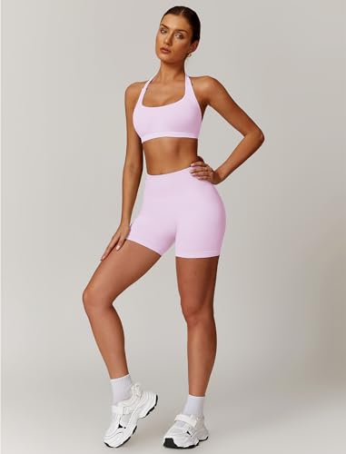 ABOCIW Workout Sets for Women 2 Piece seamless Halter Sports Bra Scrunch Butt Impact Shorts Gym Yoga Outfits4