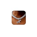 PTJDSMF Gold Silver Plated Initial Cuban Link Chain Necklace for Women Cursive Letter Gold Miami cuban link chain Iced out chain with pendant for women (Silver, M)