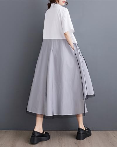 ellazhu Women's Short Sleeves Solid Color Irregular Hem Casual Shirt Dress GZ1753