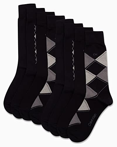 Calvin Klein Men's Dress Socks - Lightweight Cotton Blend Crew Socks (8 Pack), Size Shoe Size: 7-12, Black Argyle