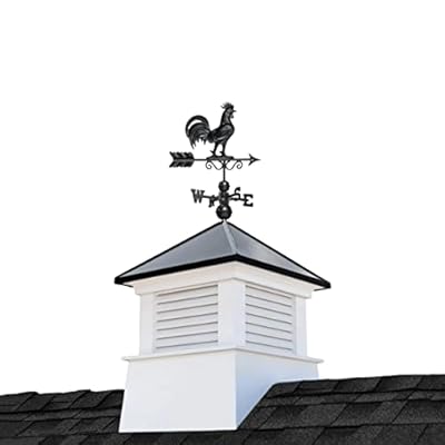 30" Square Manchester Vinyl Cupola with Black Aluminum roof and Black Aluminum Rooster Weathervane by Good Directions
