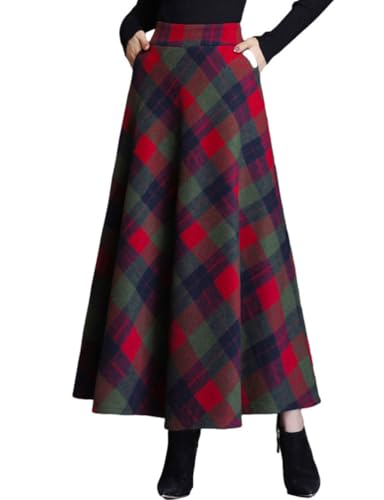 Women's Plaid Skirt Warm Elastic Waist Wool A-Line Pleated Tartan