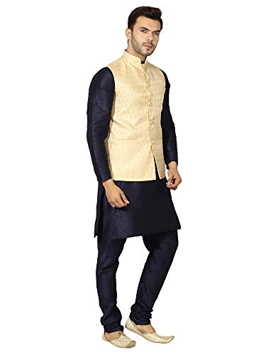 Image of Uri and MacKenzie Men's Silk Blend Regular Kurta Churidar Pyjama with Bundi Nehru Jacket /Waistcoat