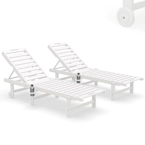 SERWALL Outdoor HDPE Chaise Lounge Set of 2 with Cup Holder Adjustable Back and Wheels for Poolside White