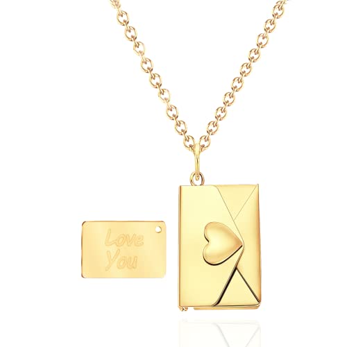 PRIMATORIA Envelope Love Letter Heart Necklace for Women Stainless Steel Love You Secret Gift Message Engraved Locket Jewelry Pendant for Couples and Family (Gold) by PRIMATORIA - Used condition - US$8.42