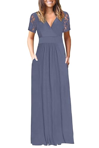 Image of AUSELILY Maxi Dresses for Women Summer Lace Short Sleeve V Neck Wrap Dress | Lace Short Sleeve, Two Pockets, V-Neck Wrap Waist Long Dress