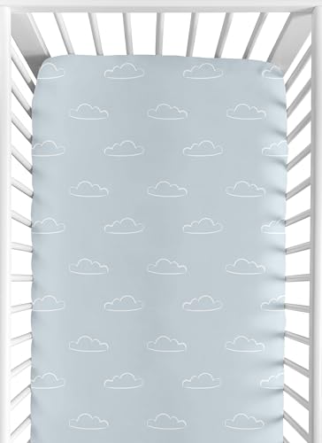 Image of Sweet Jojo Designs Blue Clouds Boy Baby Fitted Crib Sheet for Infant Newborn Nursery Toddler Bed Room Standard Mattress - Slate and White Cloud Sky for Vintage Airplane Aviator Aviation